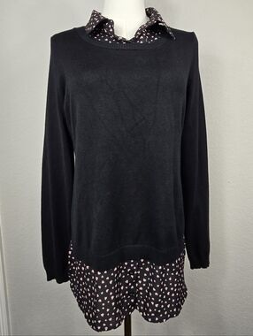 Adrianna Papell Black Twofer Sweater Heart Print Layered Blouse Top Sz S